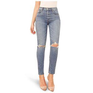 Reformation Women Blue Serena High Waist Skinny Distressed Button Jeans Size 27